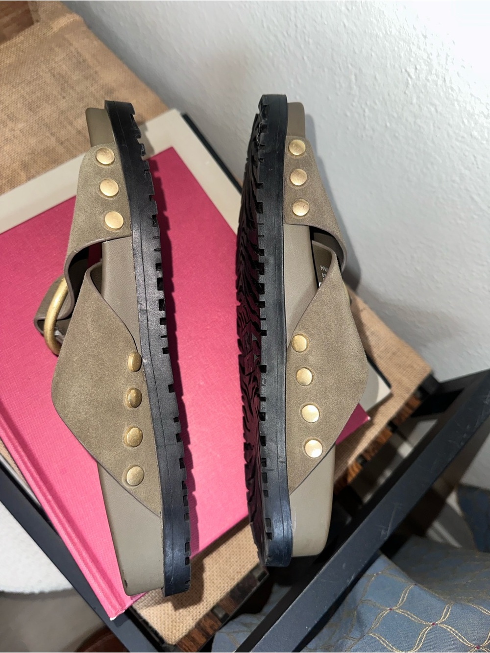 Zara Olive Green Suede Slide Sandals with Gold Buckle Size 37 - Picture 6 of 7